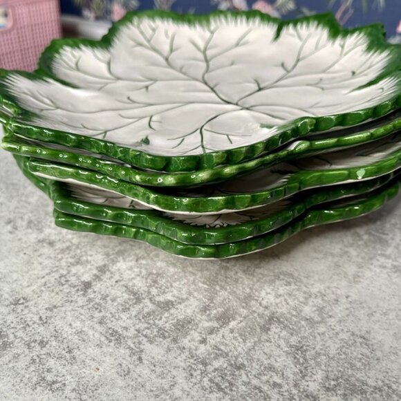 Olfaire Majolica Portugal White & Green Maple Leaf Plates Set of 5 - Picture 14 of 14
